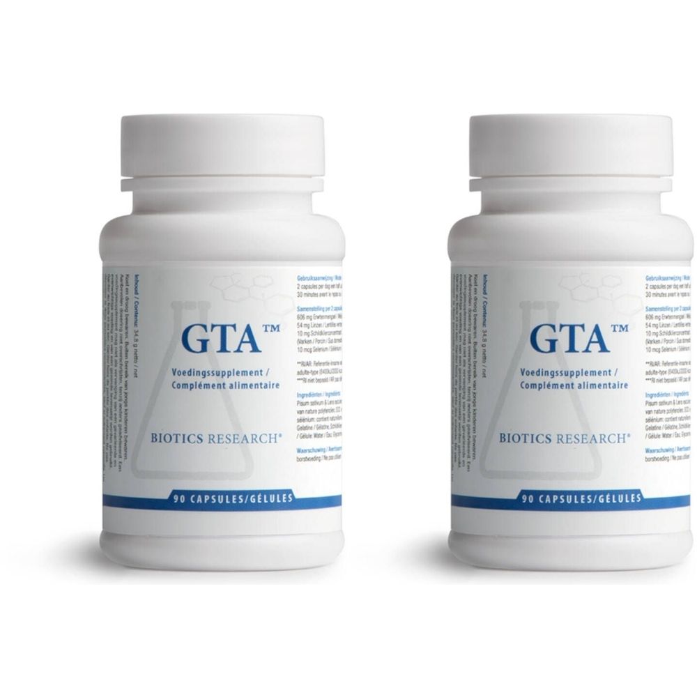 Deux flacons blancs avec "GTA" et "BIOTICS RESEARCH". Chaque flacon contient 90 gélules.