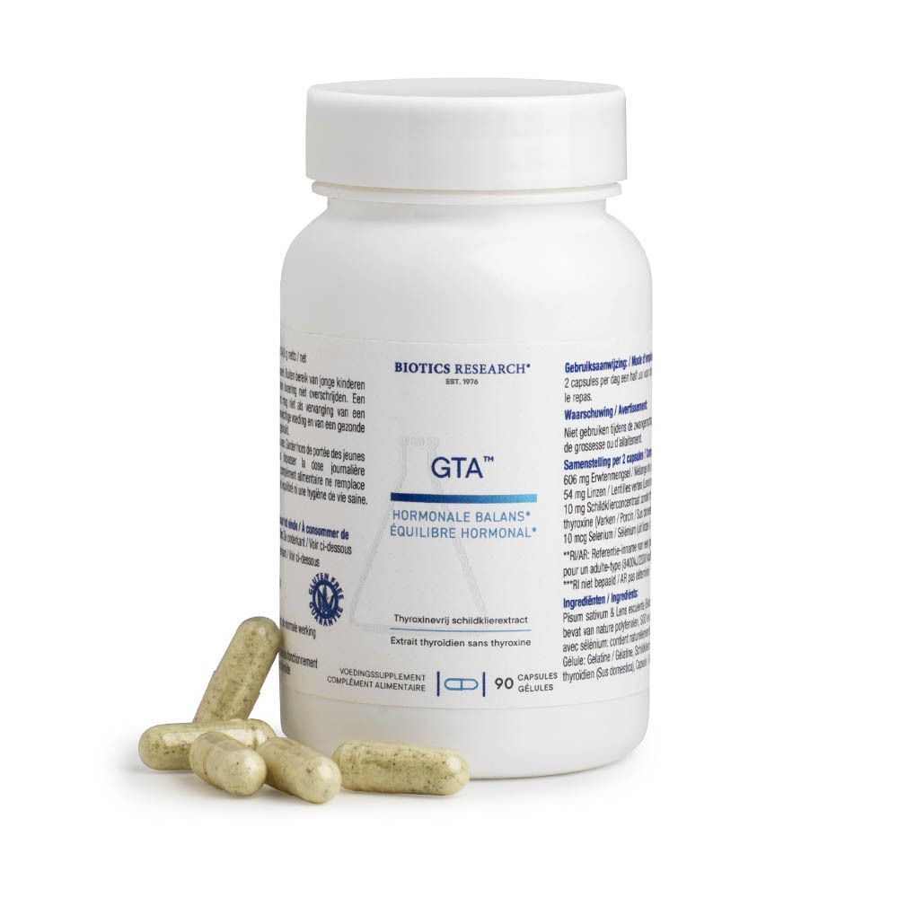 Un flacon blanc de GTA™ de BIOTICS RESEARCH, 90 gélules, avec quatre gélules à côté.