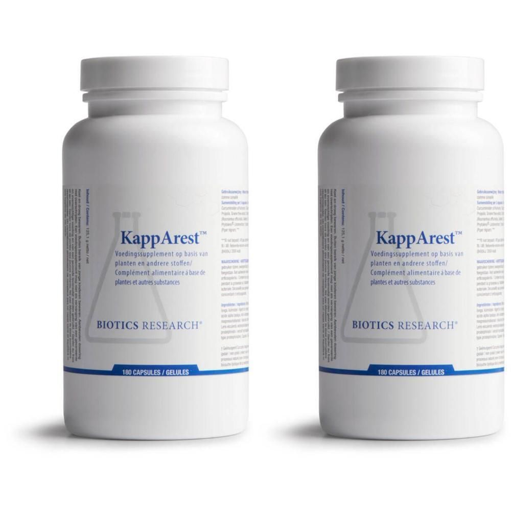 Deux flacons blancs KappArest de Biotics Research. Inscription: 100 capsules. Complément alimentaire à base de plantes.
