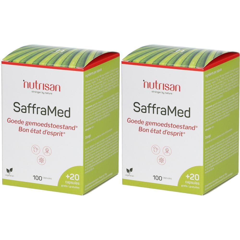 Deux boîtes Nutrisan SaffraMed. Inscription : Bon état d'esprit, 100 + 20 capsules. Design vert et blanc.