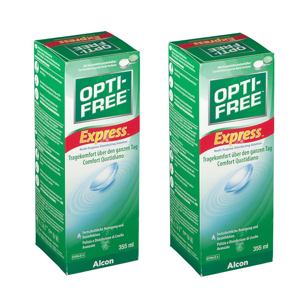 Deux boîtes vertes "OPTI-FREE Express". Texte en allemand, italien et anglais. Logo Alcon en bas.