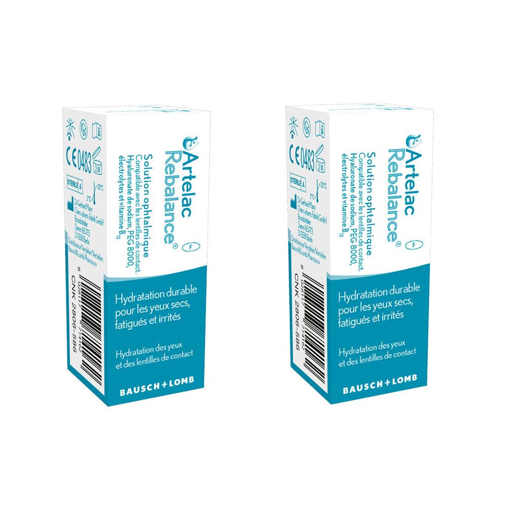 Deux boîtes blanches Artelac Rebalance. Texte en français. Inscription Bausch + Lomb. Solution ophtalmique.