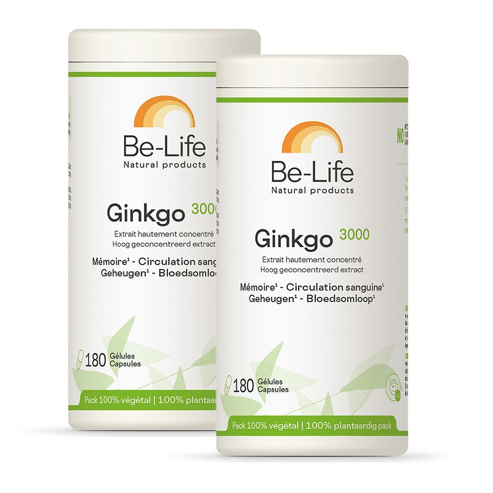 Deux boîtes blanches Be-Life Ginkgo 3000. Inscription : Extrait hautement concentré, 180 Gélules, Pack 100% végétal.