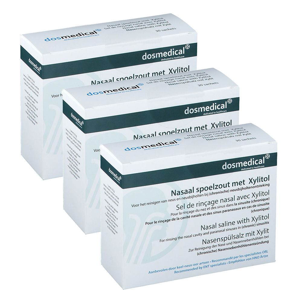 Trois boîtes blanches. Inscription : dosmedical, Sel de rinçage nasal avec Xylitol. Informations multilingues sur le produit.