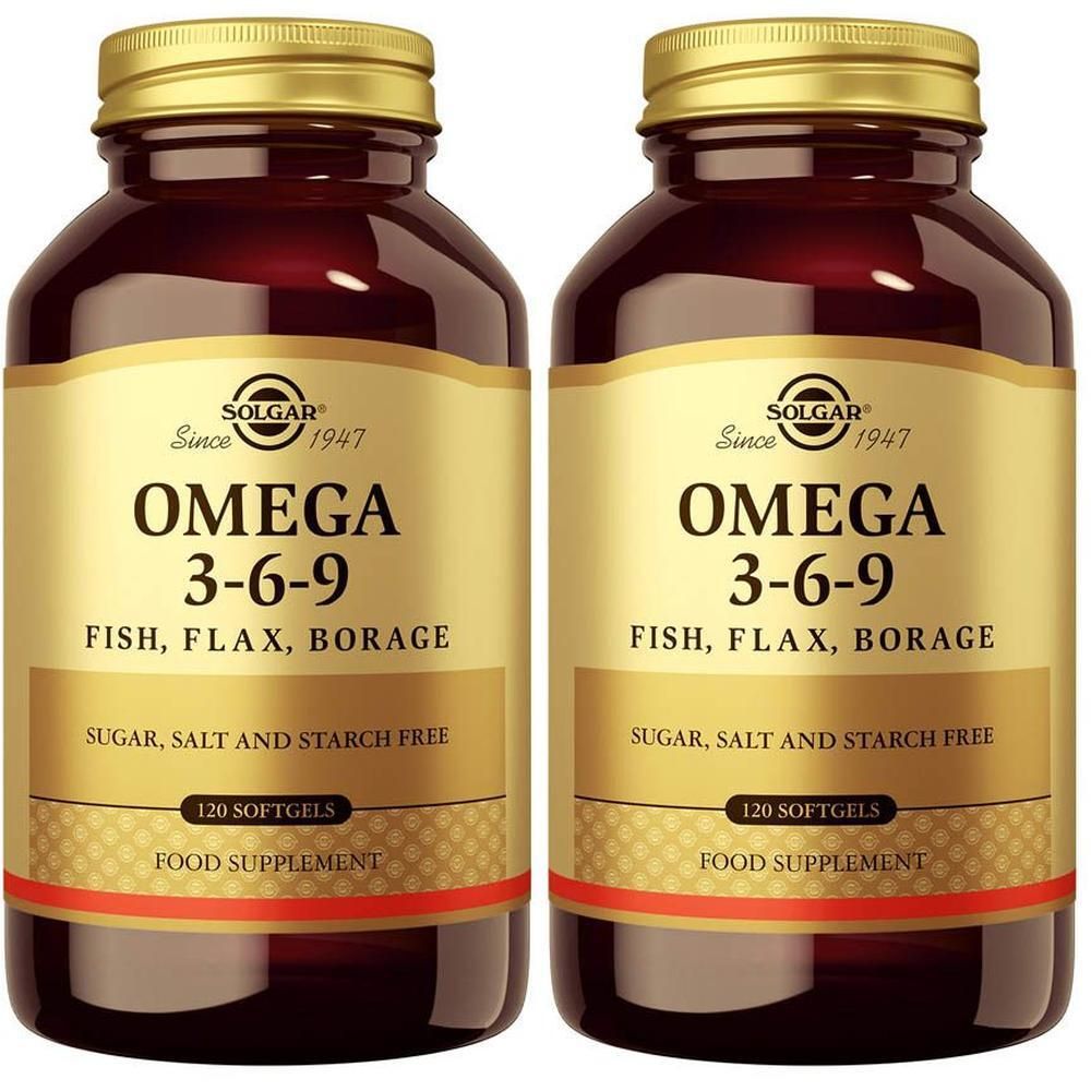 Deux flacons Solgar Omega 3-6-9. Bouteilles en verre brun avec étiquettes dorées. Texte : Omega 3-6-9, 120 gélules.