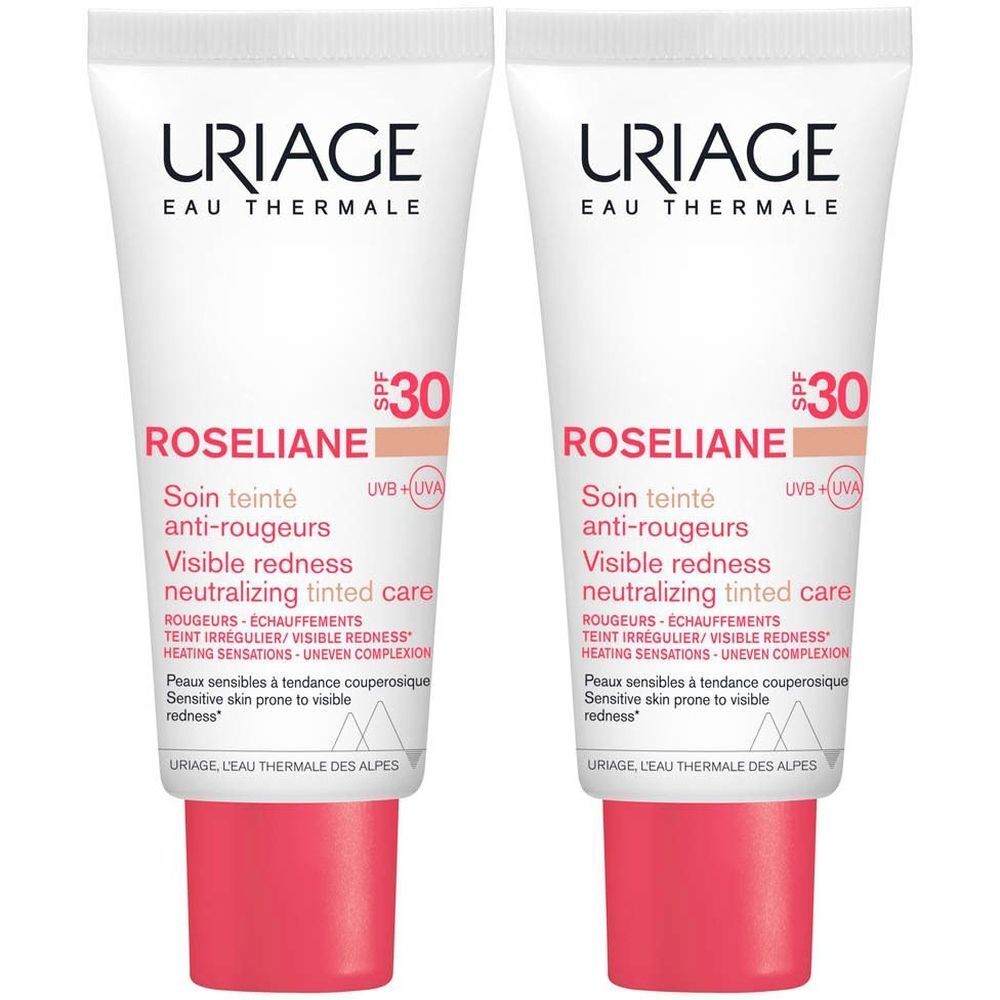 Deux tubes Uriage Roséliane. Blanc, avec texte rose et rouge. Texte: Soin teinté anti-rougeurs, rougeurs visibles, soin teinté neutralisant.