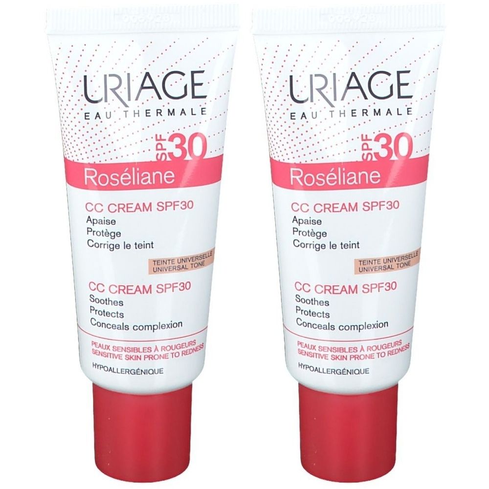 Deux tubes de Uriage Roséliane CC Cream SPF30. Blanc, avec texte rose et rouge. Texte: CC Cream SPF30, apaise, protège, corrige le teint.