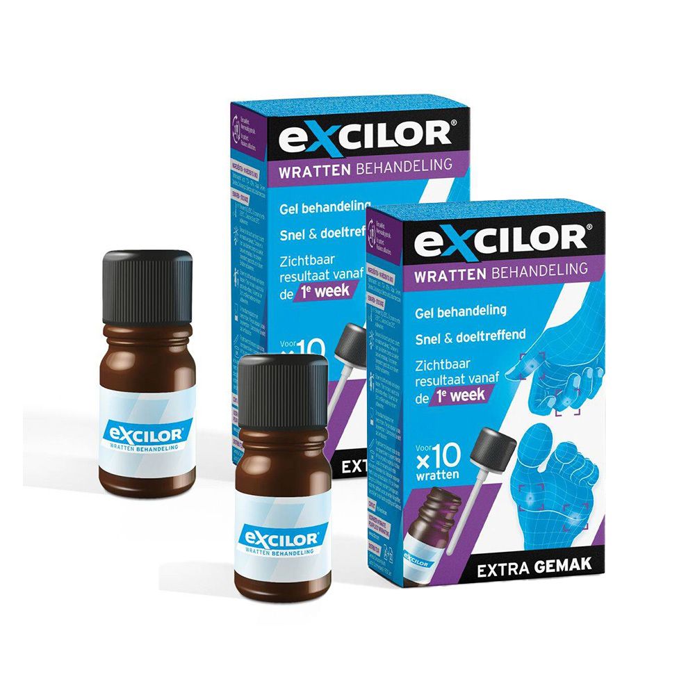 Deux flacons et deux boîtes. Sur les boîtes, on peut lire "EXCILOR WRATTEN BEHANDELING".