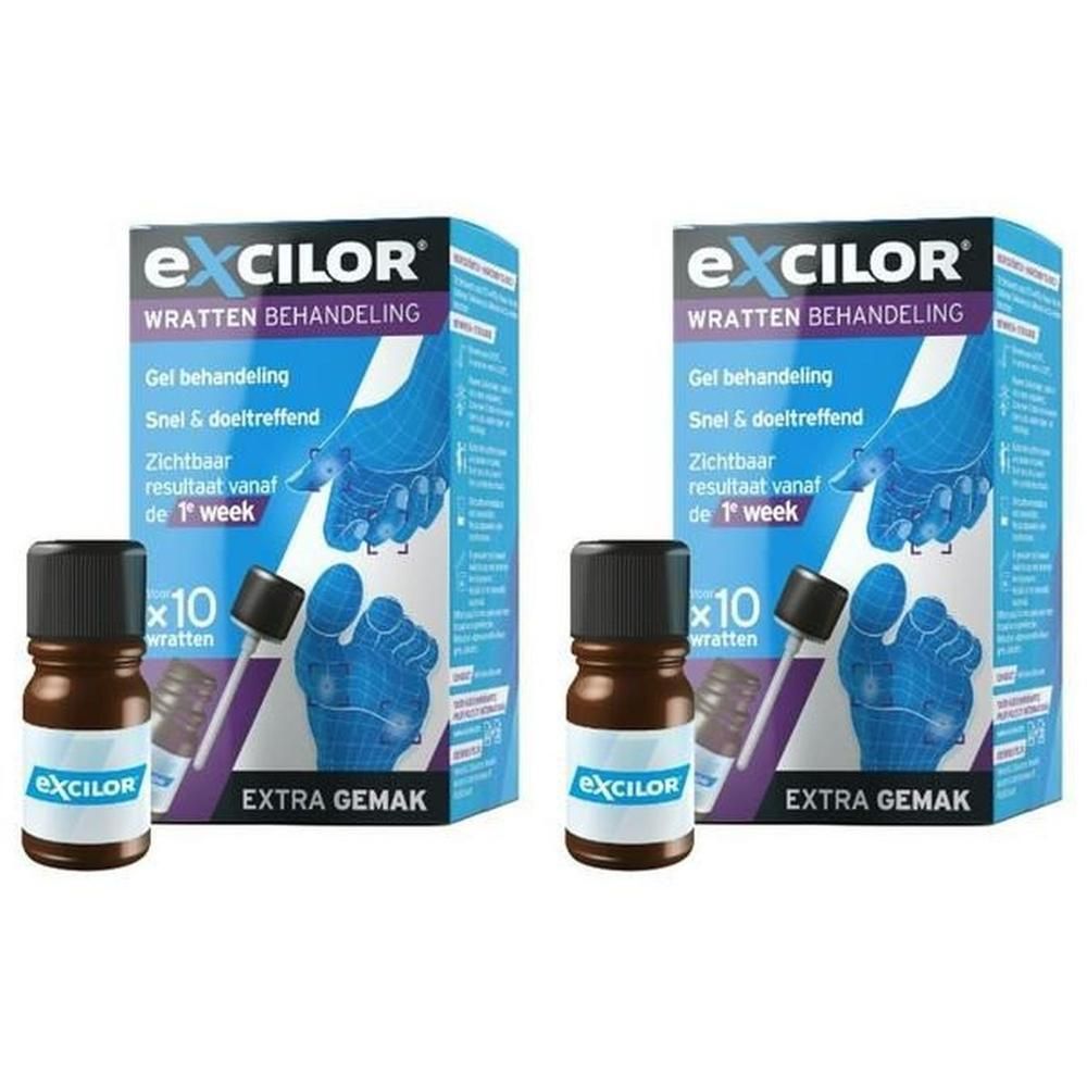 Deux boîtes de traitement des verrues Excilor, chacune avec une petite bouteille et un applicateur.