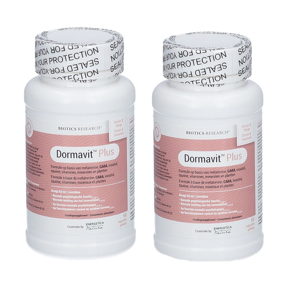 Deux flacons blancs avec étiquettes roses. Inscription: Dormavit™ Plus. Sur le couvercle: SEALED FOR YOUR PROTECTION.