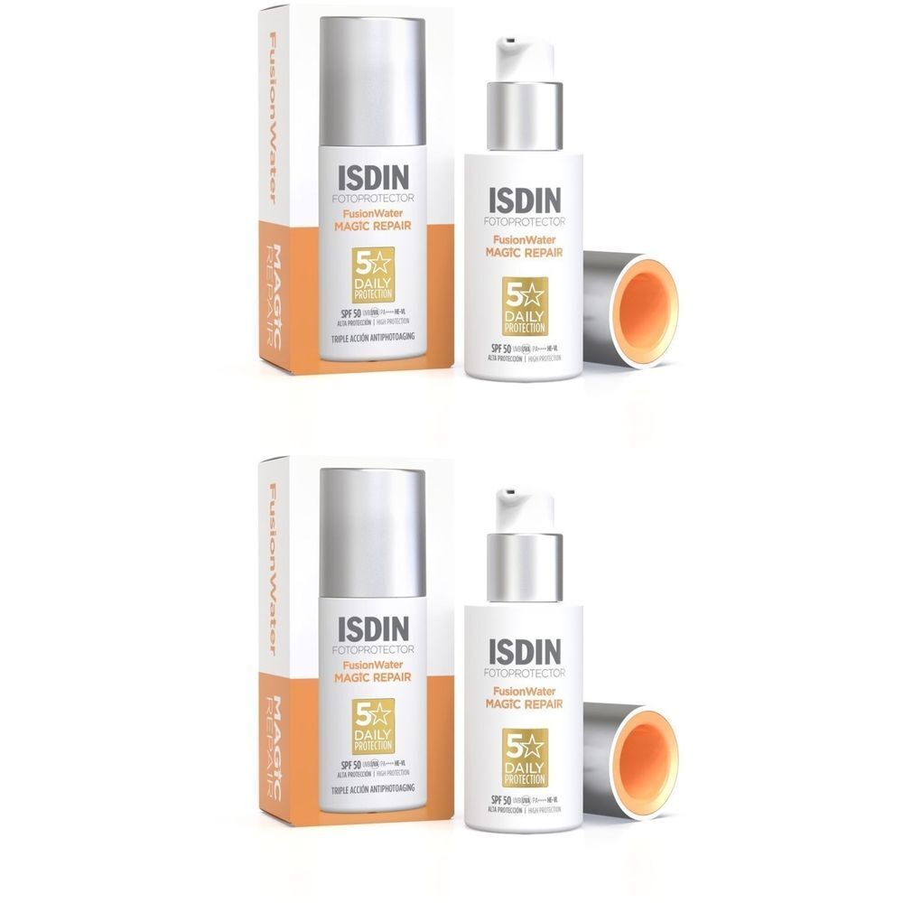Deux flacons et emballage. Inscription: ISDIN Fotoprotector Fusion Water Magic Repair. SPF 50.