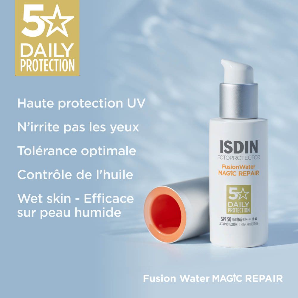 Flacon et texte. Texte: Haute protection UV, N'irrite pas les yeux, Tolérance optimale.