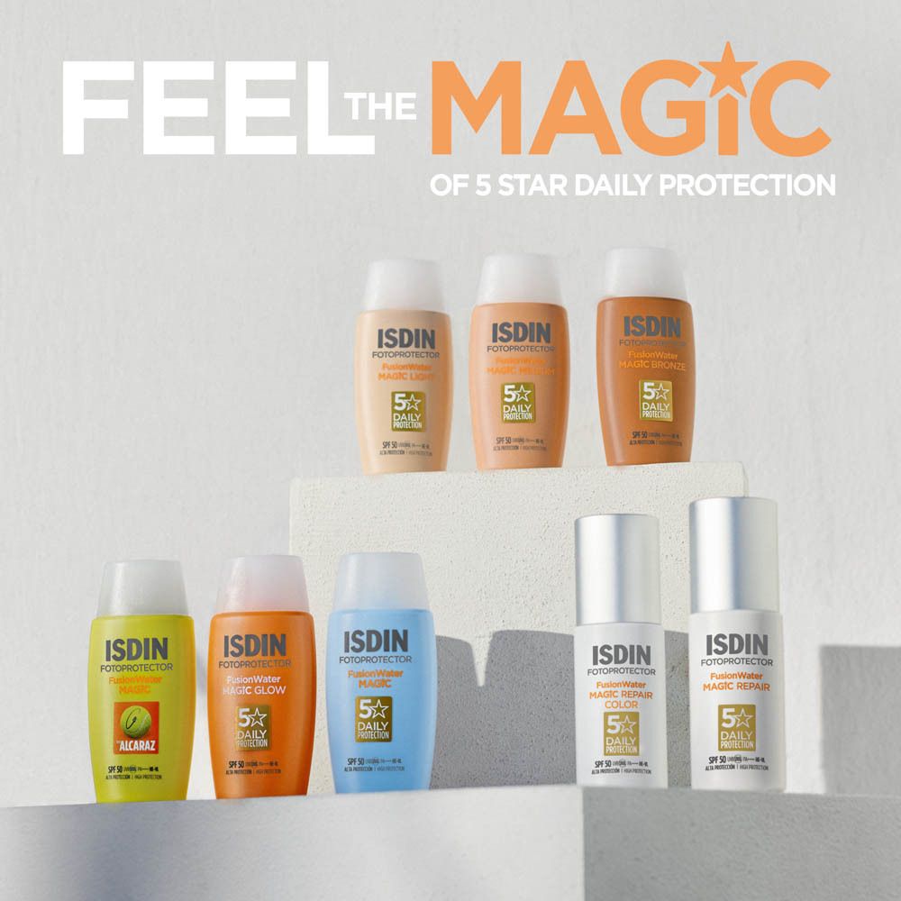 Différents flacons. Inscription: ISDIN Fotoprotector. 5 Star Daily Protection.