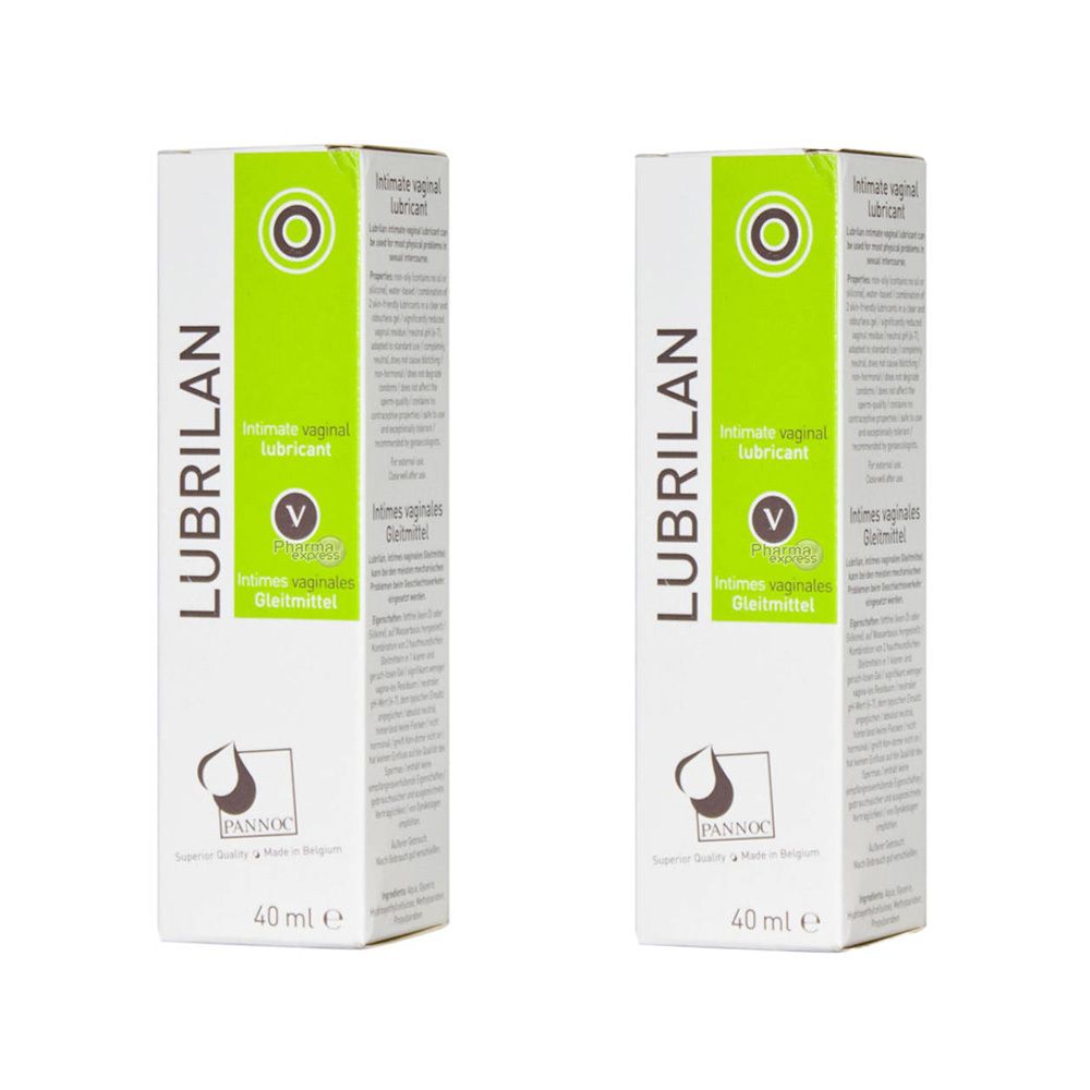 Deux boîtes de lubrifiant intime Lubrilan. Blanches, avec des accents verts. Inscription Lubrilan, 40 ml.