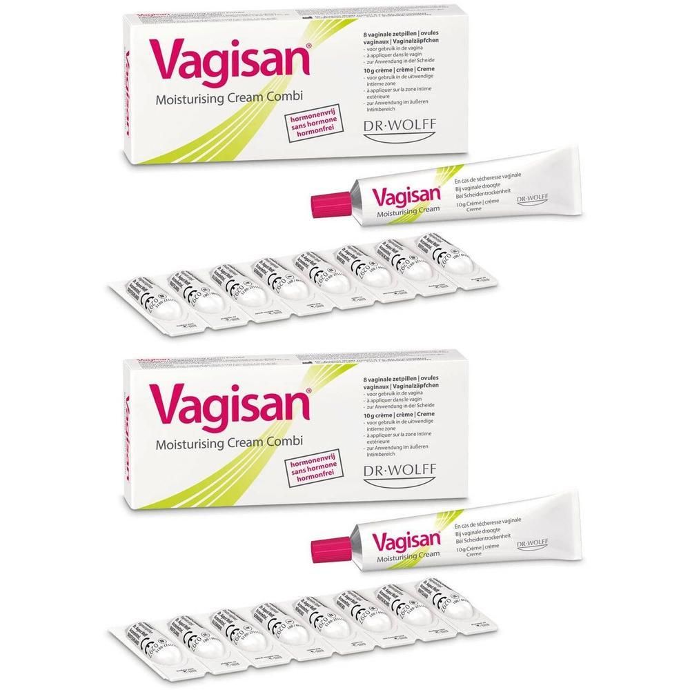 Deux boîtes avec crème et ovules. Inscription: Vagisan. Un tube de crème et une plaquette d'ovules sont à côté.
