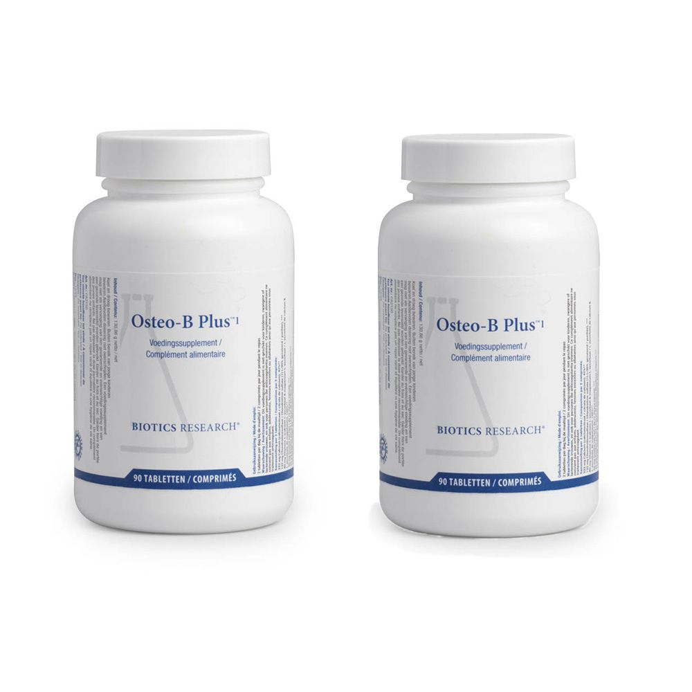 Deux flacons blancs avec étiquettes. Inscription: Osteo-B Plus. Biotics Research. 90 comprimés.