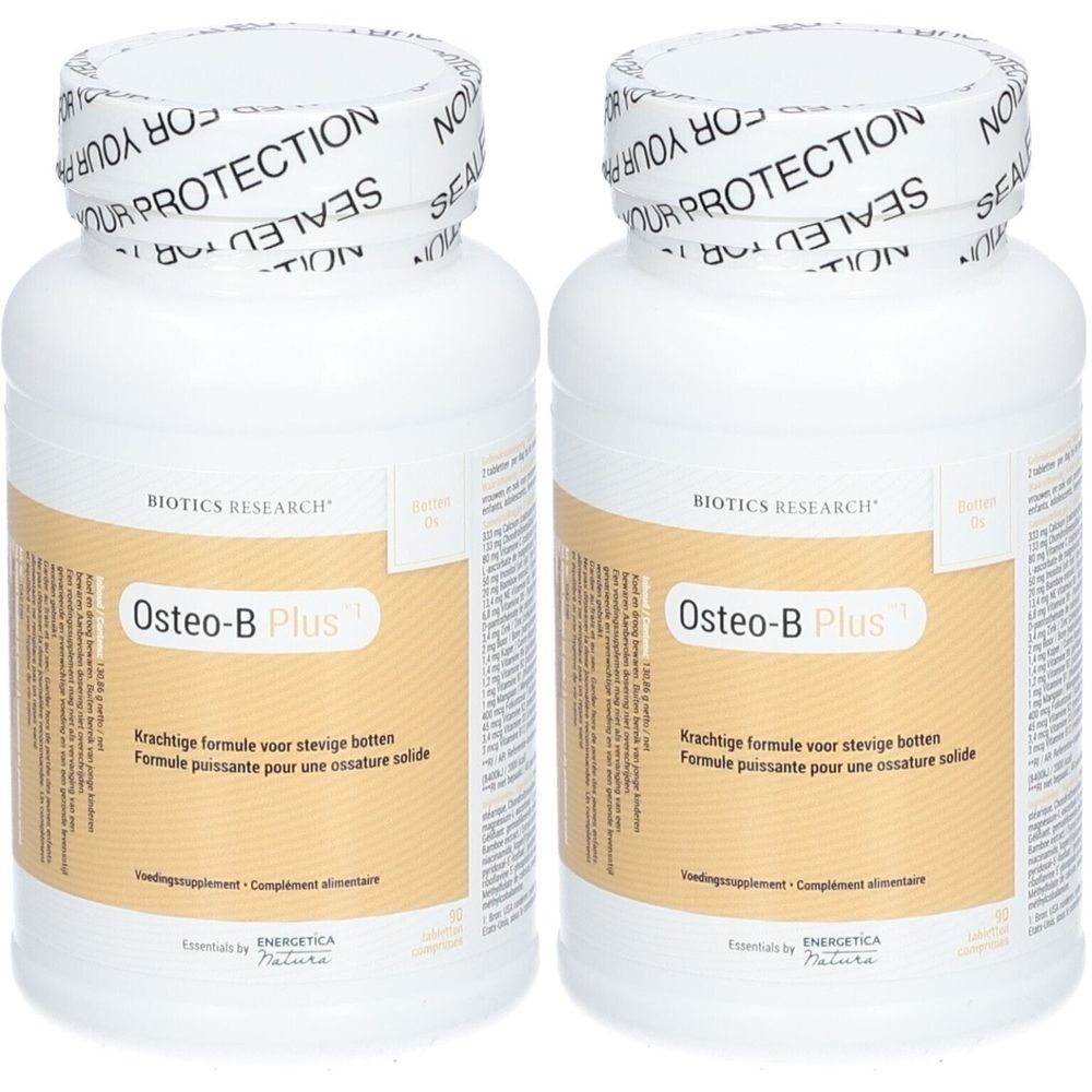 Deux flacons blancs avec étiquettes. Inscription: Osteo-B Plus. Biotics Research. Sceau: Your Protection.