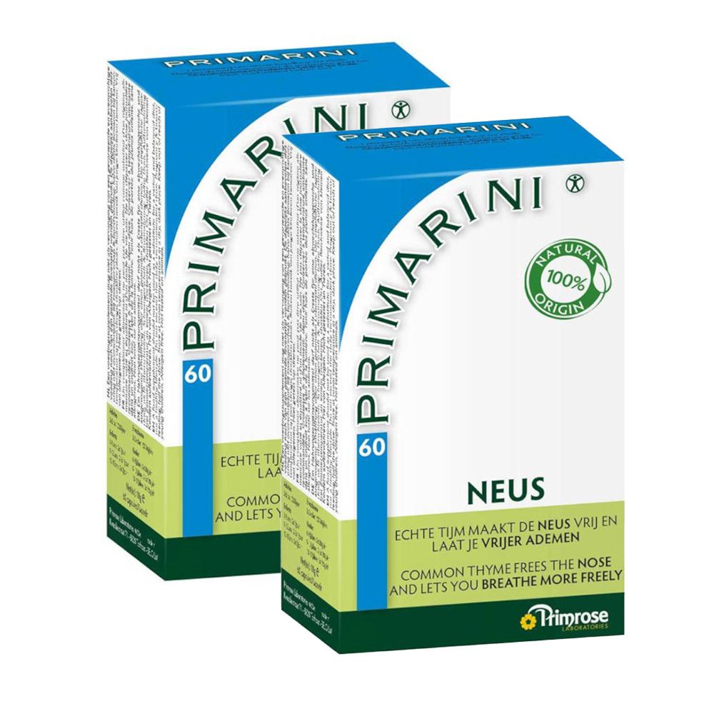 Deux boîtes de Primarini. Boîtes bleues et blanches avec des accents verts. Inscription : 60, Natural Origin. Logo Primrose.