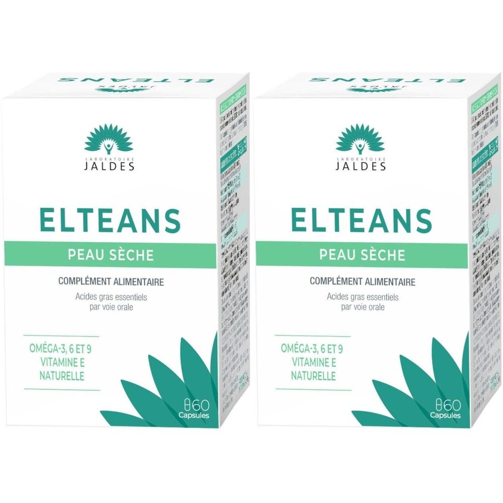 Deux boîtes blanches avec accents verts. Inscription: ELTEANS, PEAU SÈCHE, complément alimentaire, 60 capsules.