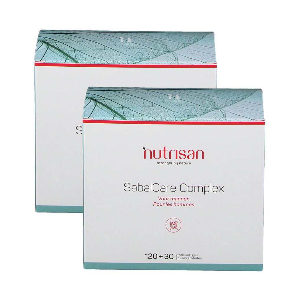 Deux boîtes blanches avec texte rouge et bleu. Inscription: Nutrisan SabalCare Complex. 120+30.