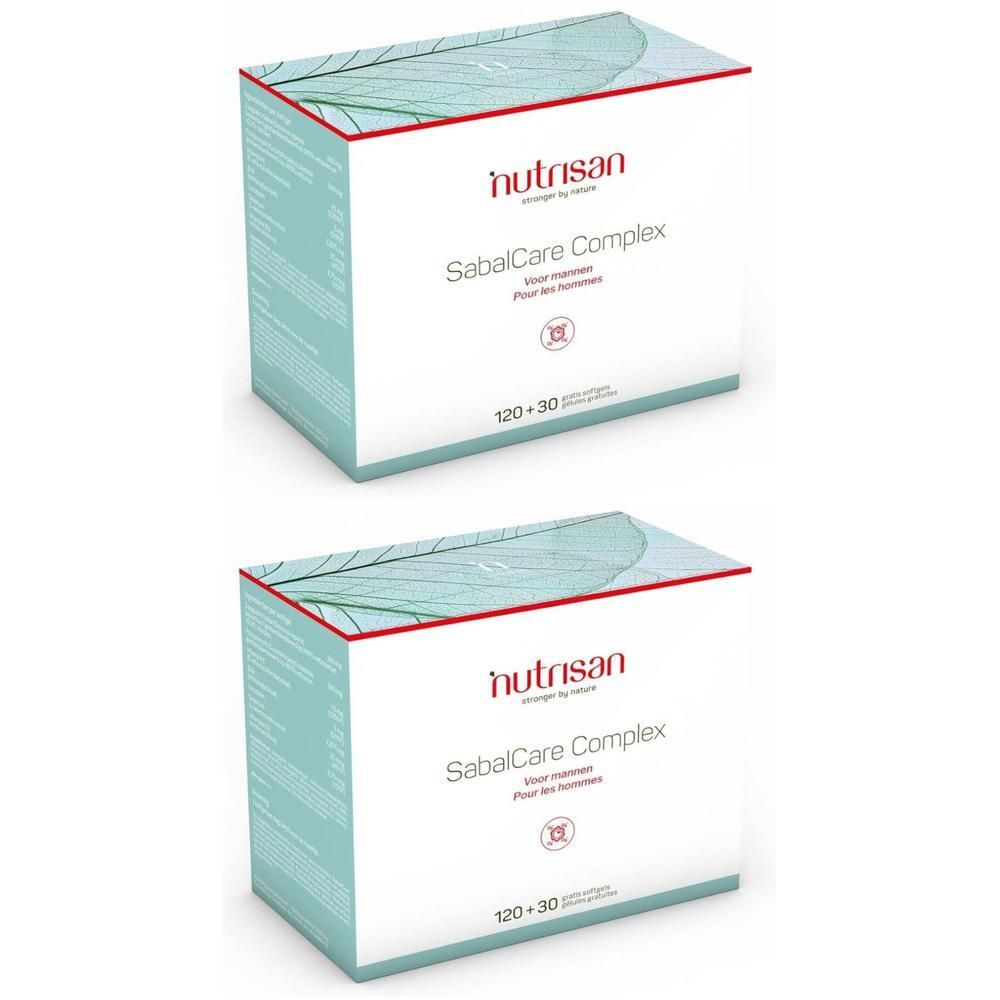 Deux boîtes blanches avec texte rouge et bleu. Inscription: Nutrisan SabalCare Complex. 120+30.