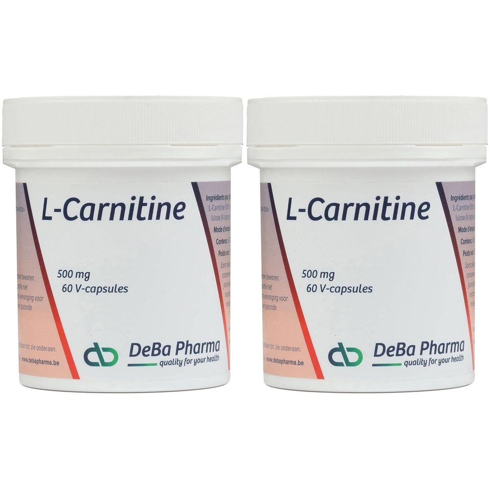 Deux boîtes blanches avec "L-Carnitine 500 mg 60 V-capsules". Marque : DeBa Pharma.