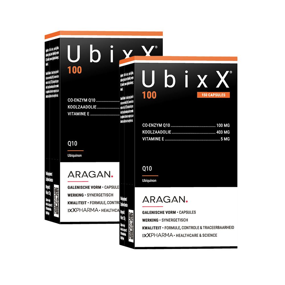 Deux boîtes avec inscription UbixX 100, Q10, ARAGAN. Contient des capsules.