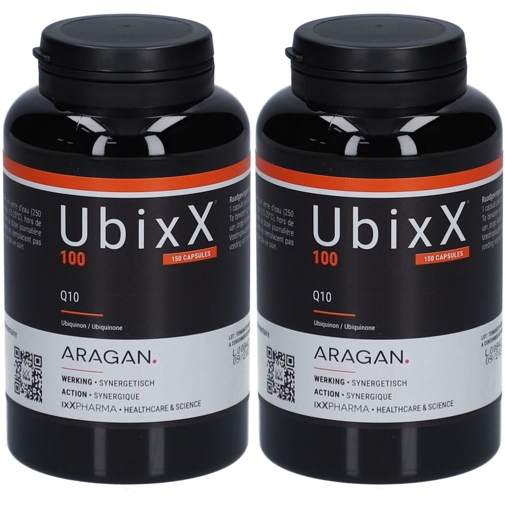 Deux flacons noirs avec étiquette. Inscription UbixX 100, Q10, ARAGAN. Capsules.