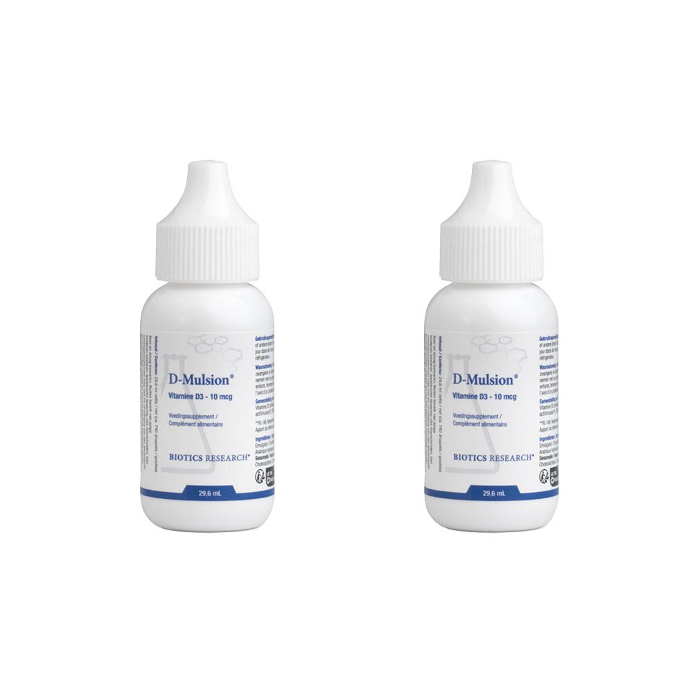 Deux flacons blancs de D-Mulsion, vitamine D3. BIOTICS RESEARCH. 29,6 ml.