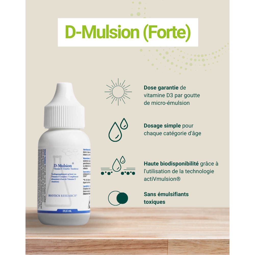 Flacon de D-Mulsion (Forte). Vitamine D3, huile de sésame. Texte et icônes sur fond beige.