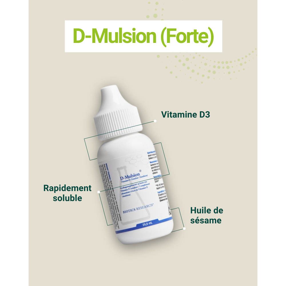 Flacon de D-Mulsion (Forte). Vitamine D3, huile de sésame. Texte et icônes sur fond beige.