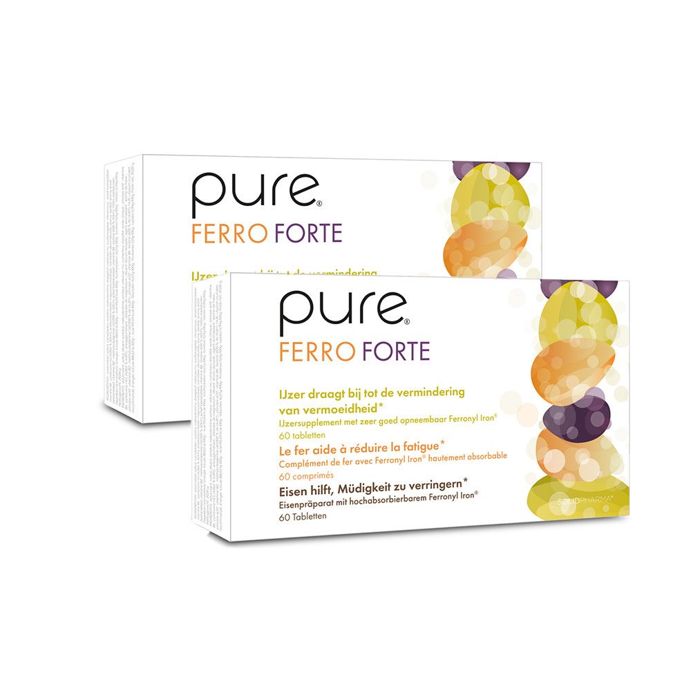 Deux boîtes blanches avec l'inscription "pure FERRO FORTE". Inscription en plusieurs langues, dont le français et le néerlandais. 60 comprimés.