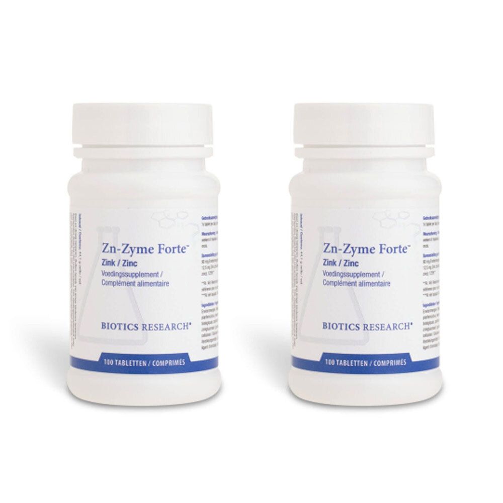 Deux flacons blancs avec étiquettes. Les étiquettes indiquent "Zn-Zyme Forte" et "BIOTICS RESEARCH".