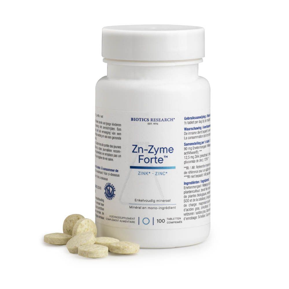 Un flacon blanc Biotics Research Zn-Zyme Forte avec quelques comprimés à côté, montrant les informations sur le supplément de zinc.