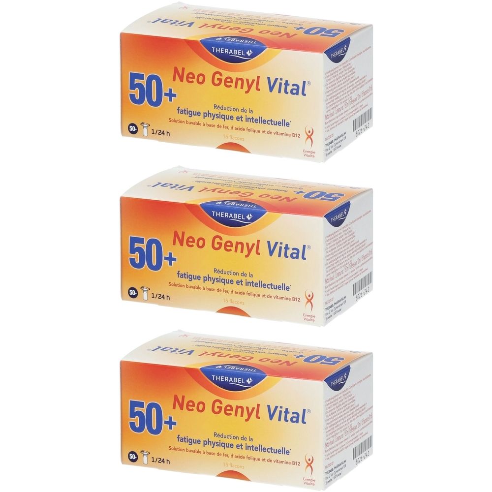 Trois boîtes de Neo Genyl Vital. Inscription: 50+, THERABEL, Réduction de la fatigue physique et intellectuelle.