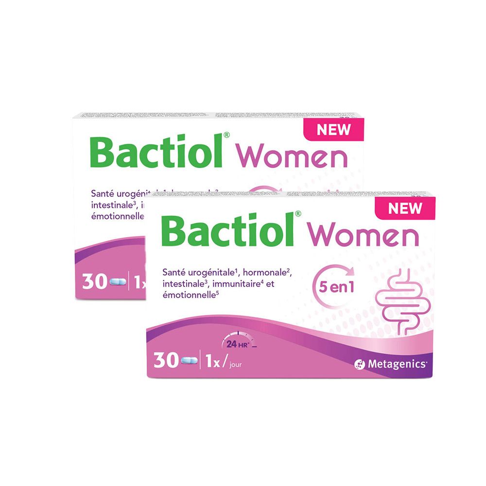 Deux boîtes de Bactiol Women. Boîtes blanches avec texte rose et vert. Contient 30 comprimés. "5 en 1" et un symbole intestinal.