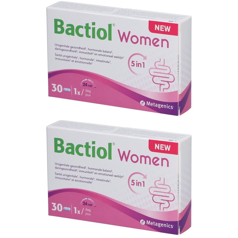 Deux boîtes de Bactiol Women. Boîtes blanches avec texte rose et vert. Contient 30 comprimés. "5 en 1" et un symbole intestinal.