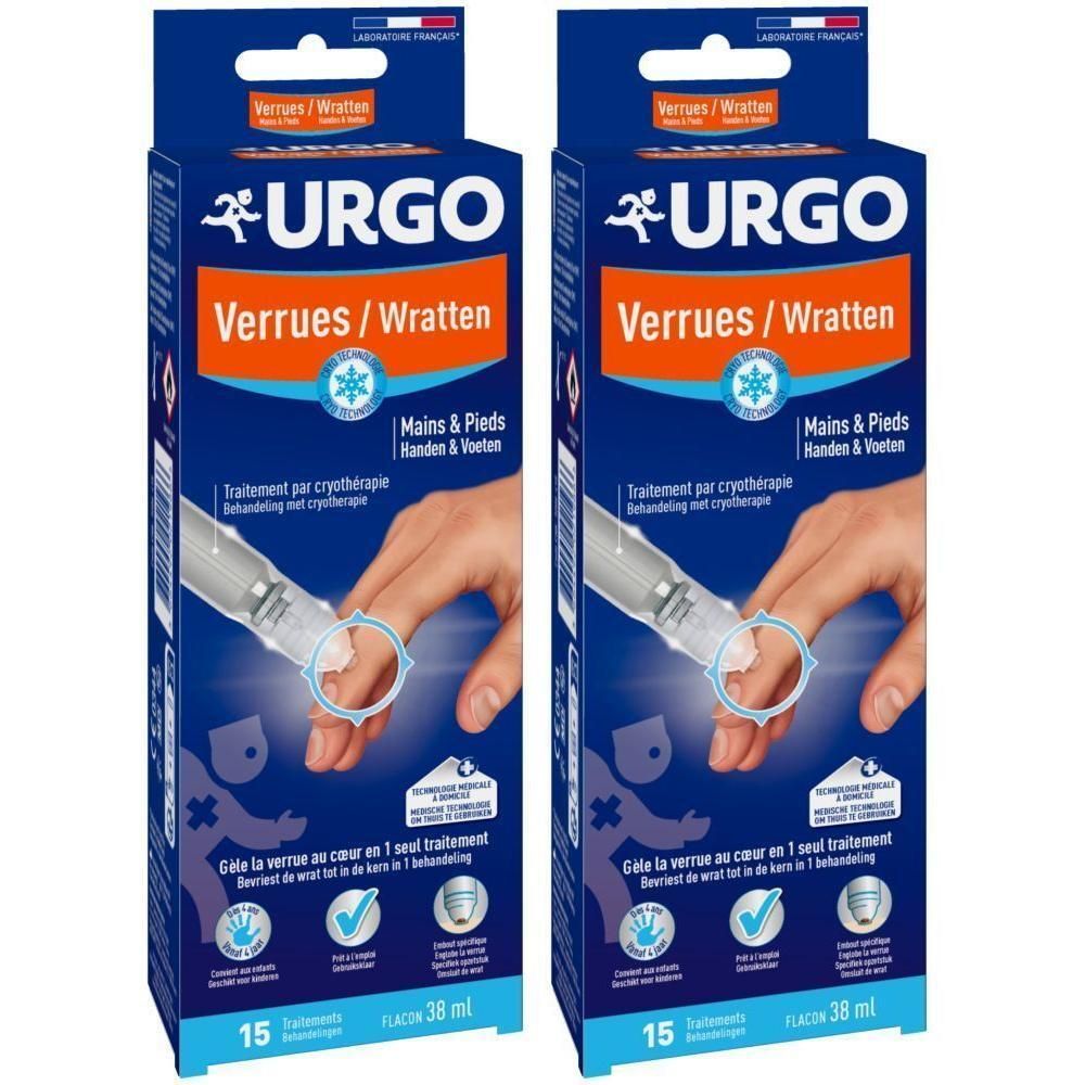 Deux boîtes URGO Verrues. Emballage bleu, illustration d'une main et applicateur. Texte : Verrues/Wrattens, 15 traitements.