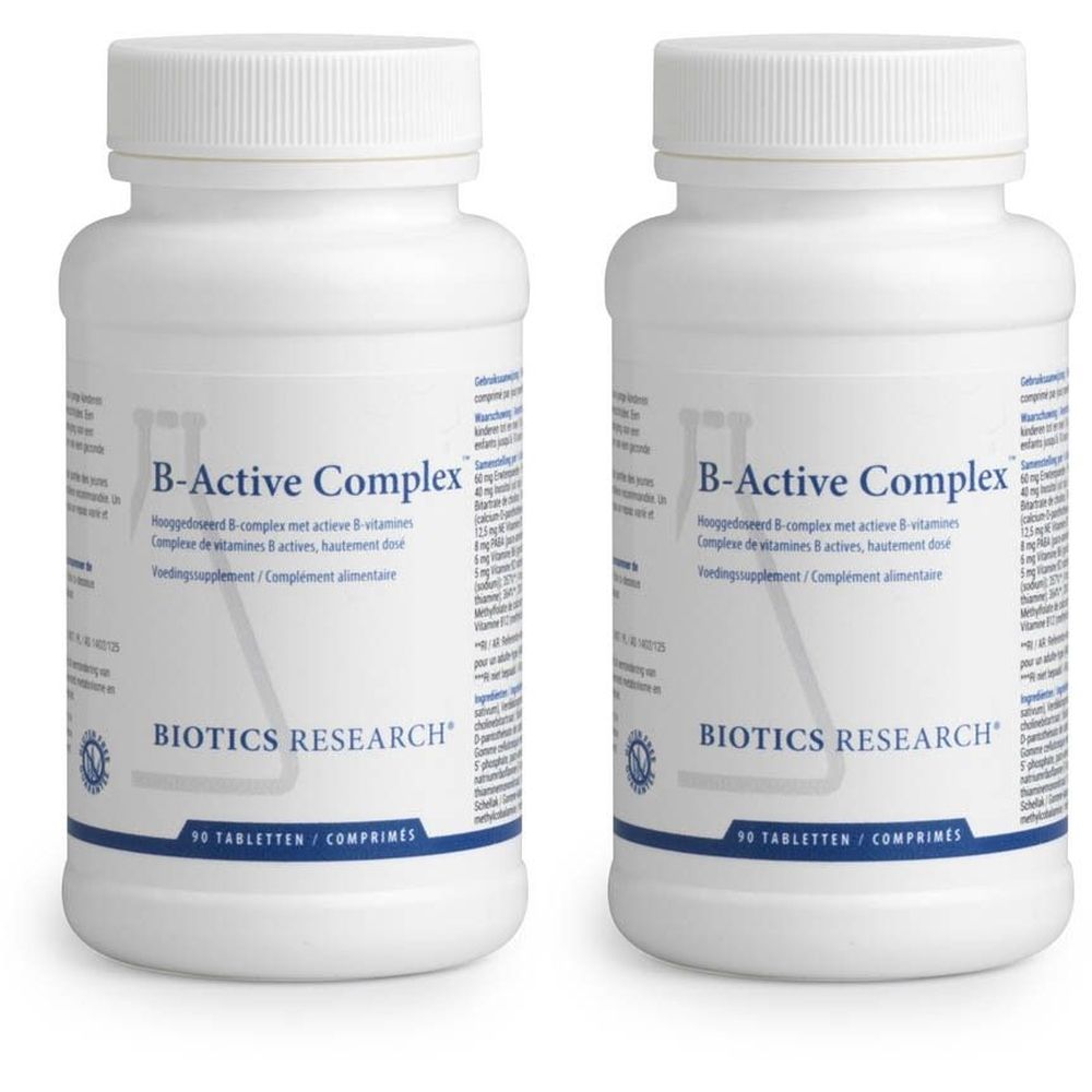 Deux flacons blancs BIOTICS RESEARCH® B-Active Complex™ avec étiquettes et bouchons à vis. 30 comprimés.