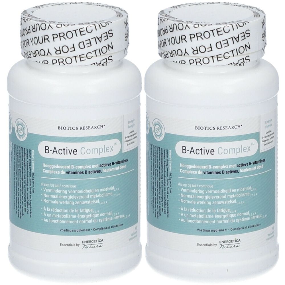 Deux flacons blancs BIOTICS RESEARCH® B-Active Complex™ avec étiquettes et bouchons à vis. Sceau avec texte.