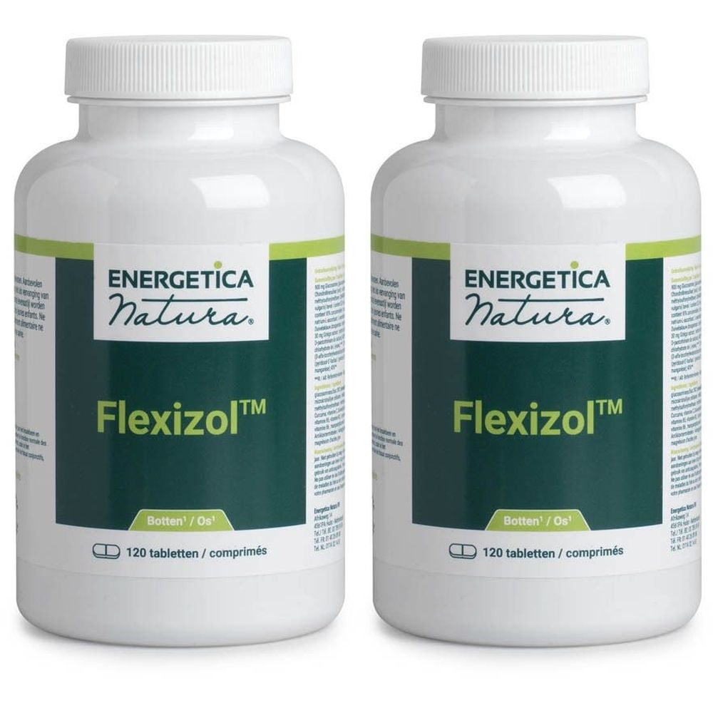 Deux flacons blancs Energetica Natura Flexizol. Inscription: 120 comprimés. Bande verte avec texte.