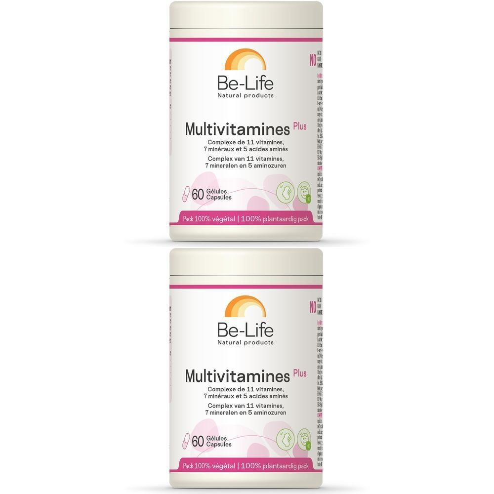 Deux boîtes blanches avec étiquette. Inscription: Be-Life Multivitamines Plus. 60 gélules. 100% végétal.