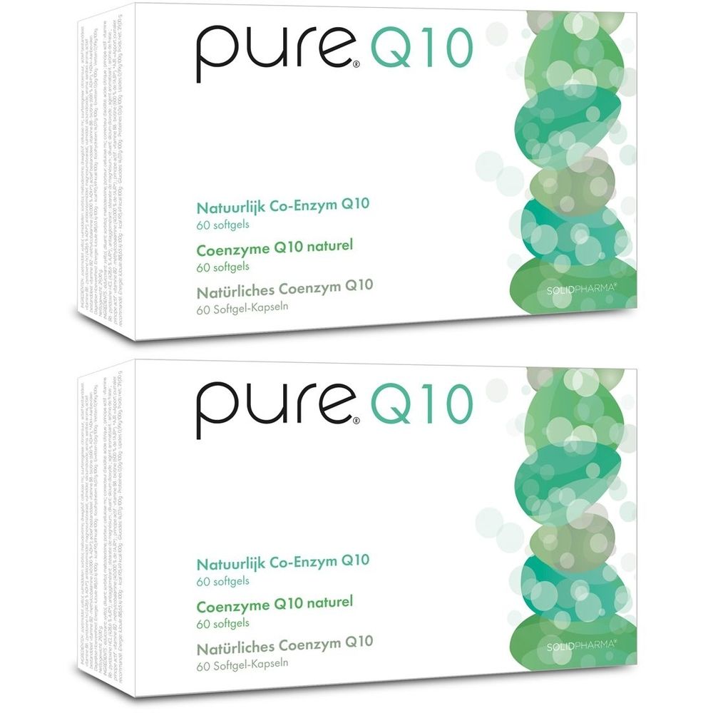Deux boîtes blanches avec le logo "pure.Q10" et du texte multilingue. Inscription : "Natuurlijk Co-Enzym Q10".