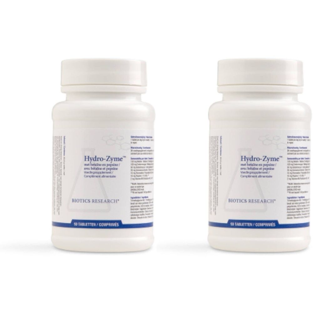 Deux flacons blancs avec étiquettes. Inscription: Hydro-Zyme, BIOTICS RESEARCH. 90 comprimés.