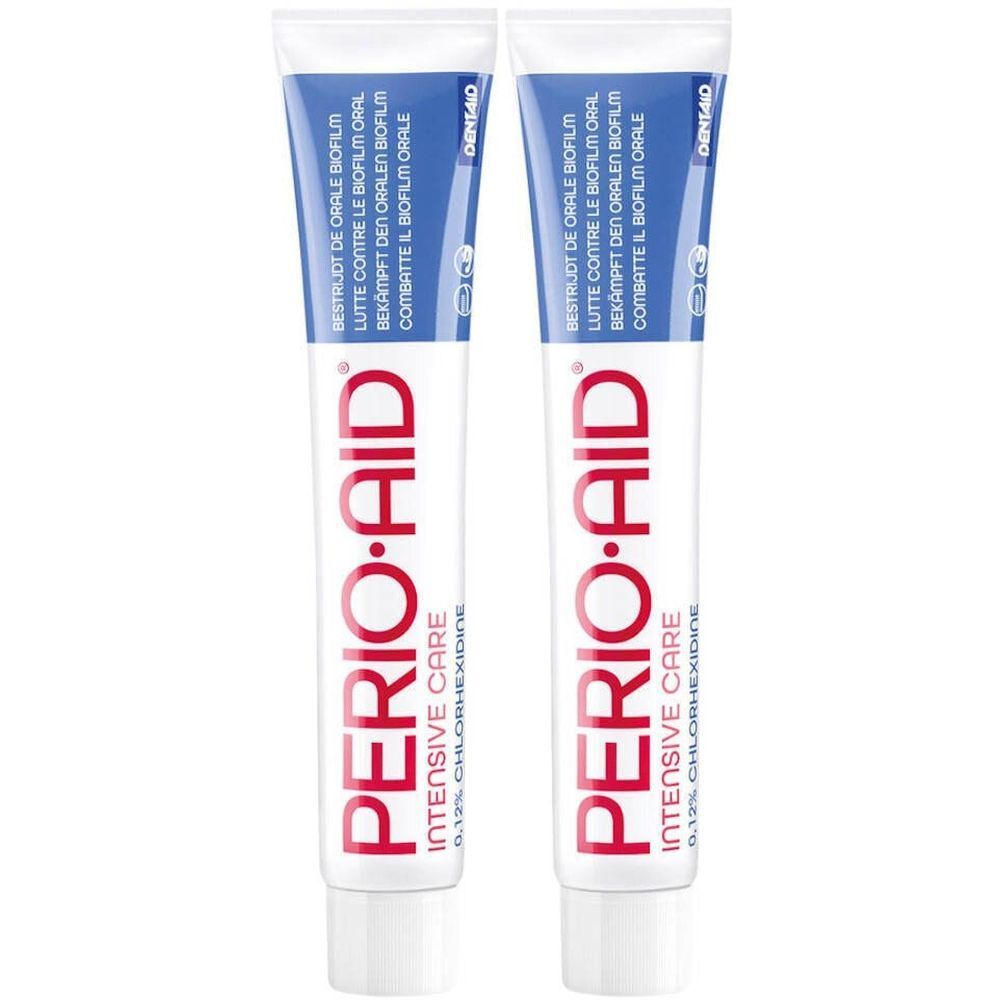 Deux tubes de gel Perio-Aid Intensive Care. Blanc, avec texte rouge et bleu. Contient de la chlorhexidine.