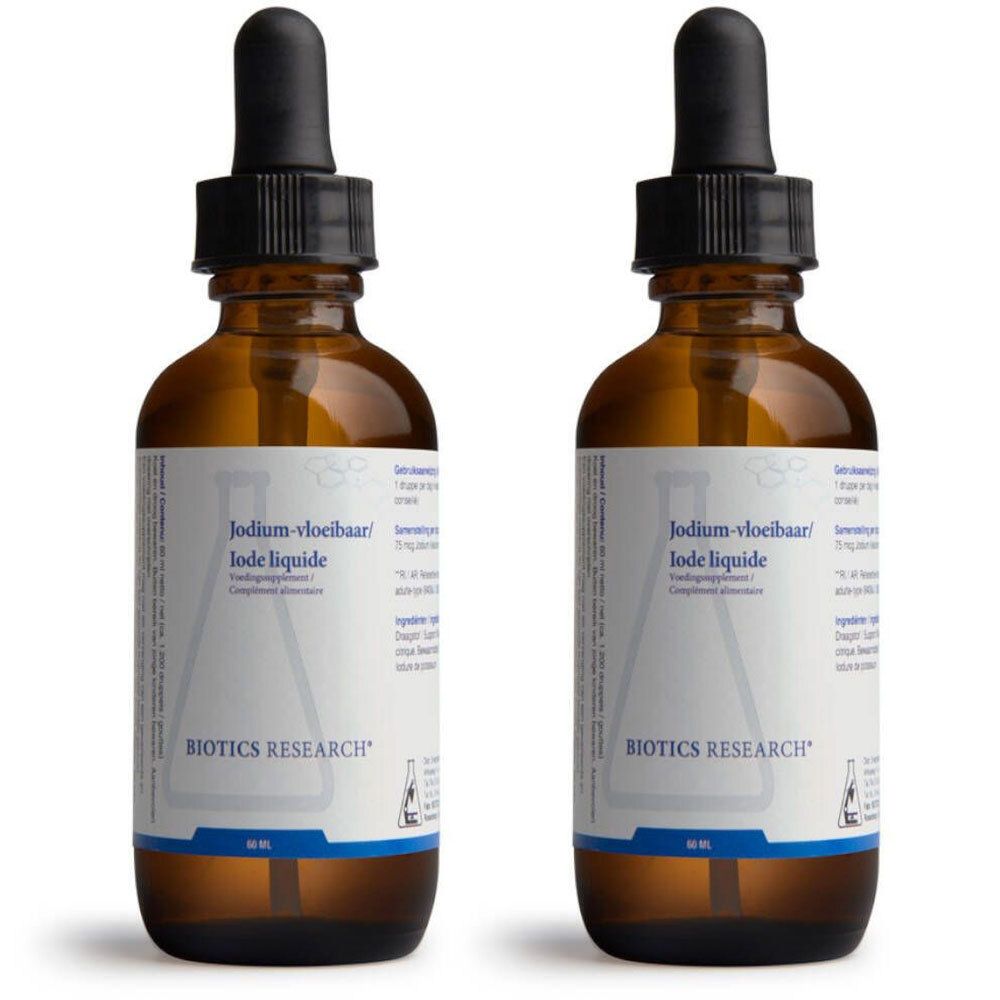 Deux flacons en verre brun avec compte-gouttes. Inscription: BIOTICS RESEARCH, Jodium-vloeibaar/Iode liquide.