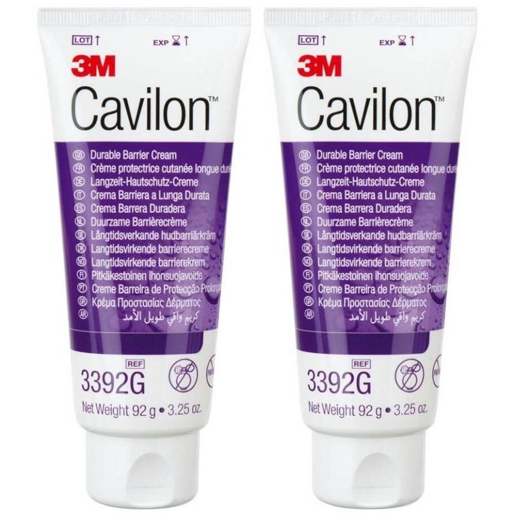 Deux tubes de crème Cavilon. Emballage blanc et violet. Logo 3M et nom du produit Cavilon. Texte multilingue.