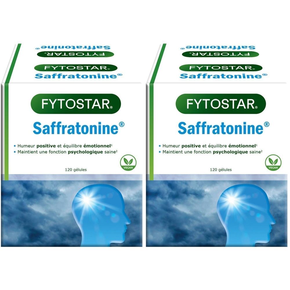 Deux boîtes de Fytostar Saffratonin®. Emballage blanc avec logo vert et nom du produit. 120 gélules. Label végan.
