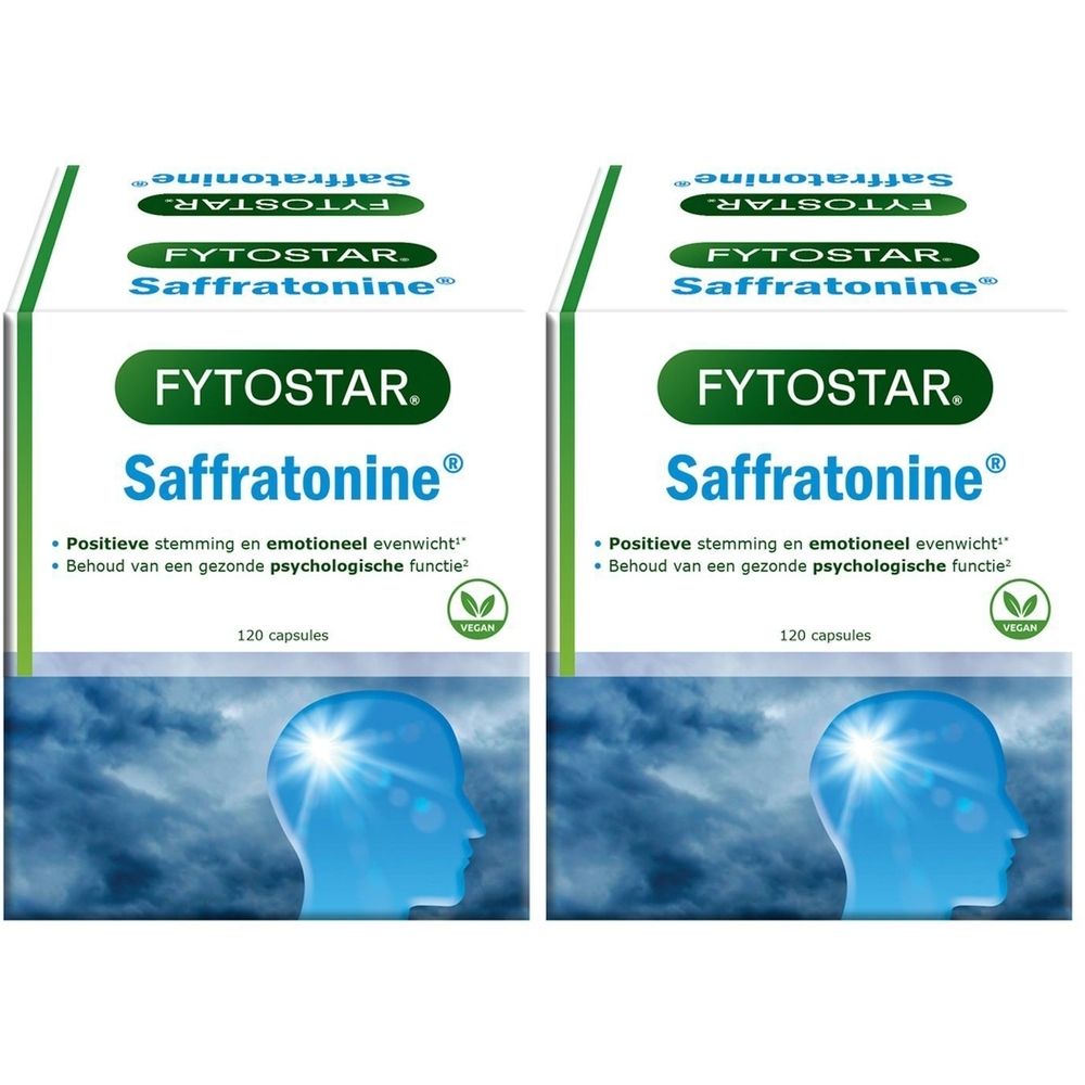 Deux boîtes de Fytostar Saffratonin®. Emballage blanc avec logo vert et nom du produit. 120 gélules. Label végan.