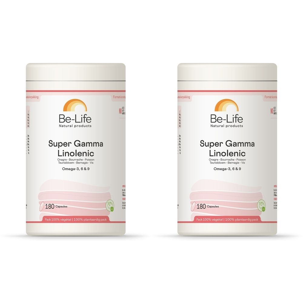 Deux boîtes blanches avec étiquettes roses. Inscription : Be-Life, Super Gamma Linolenic, Omega-3, 6 & 9. 180 gélules.